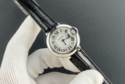 Ballon Bleu De Cartier 28mm 762 Quartz Movement Black Leather Strap White Face Women Watch